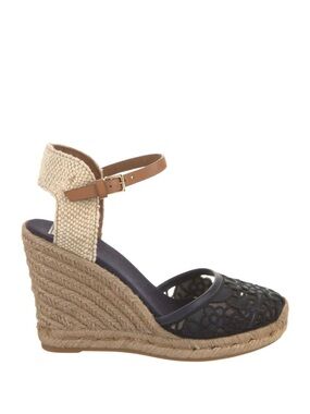 TORY BURCH Navy & Tan Lucia Lace Espadrille Wedge Platform Sandal Size 9